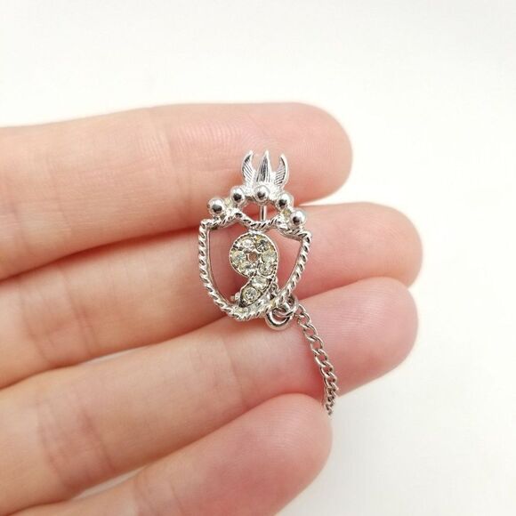 Vintage Little Number 9 Rhinestone Brooch, Silver Tone Lapel Pin, Estate - Picture 5 of 5
